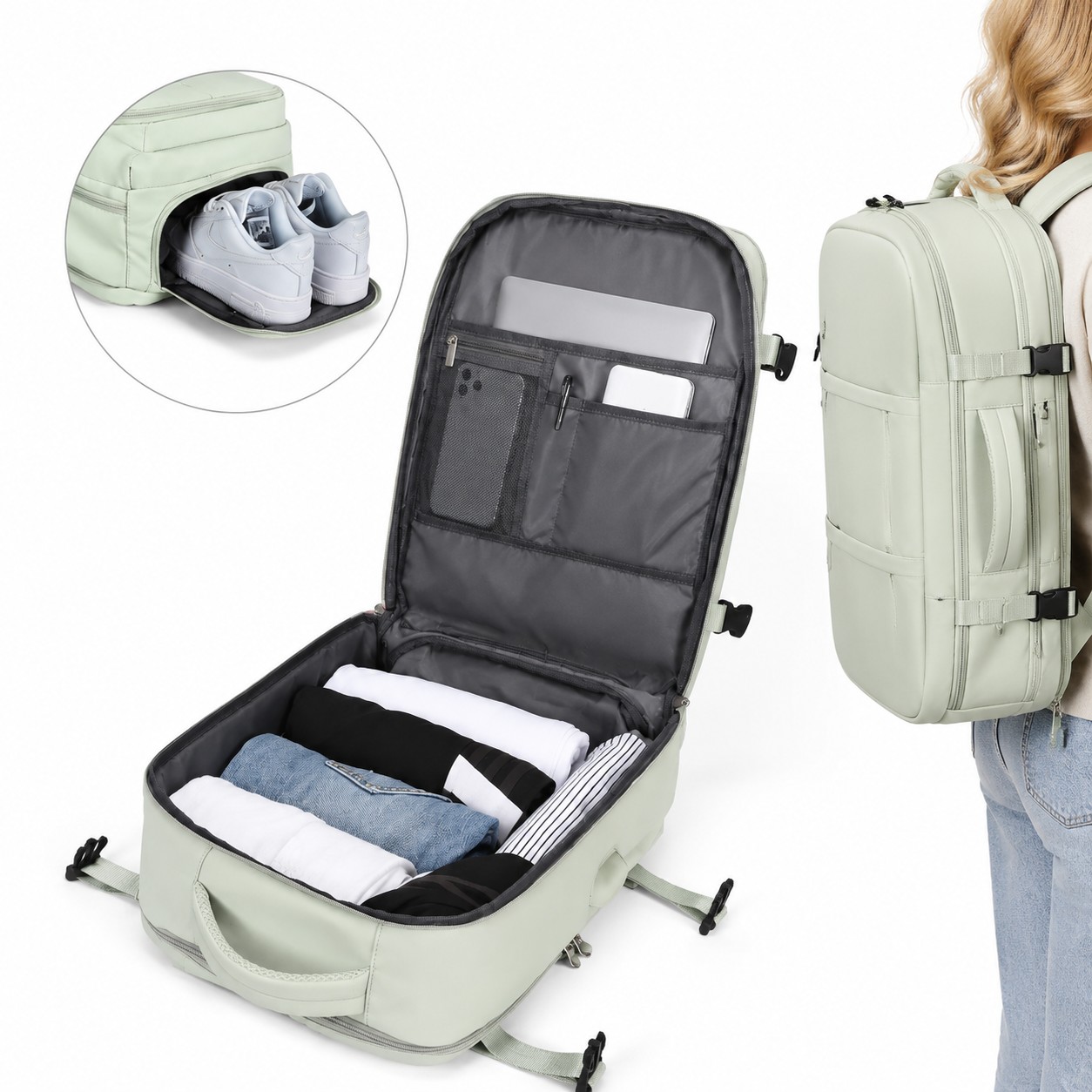 Przegrody plecaka podróżnego na laptopa, ubrania i buty